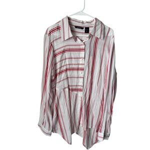 Life Style Womens XL Red White Striped Viscose Button Down Long Sleeve Shirt